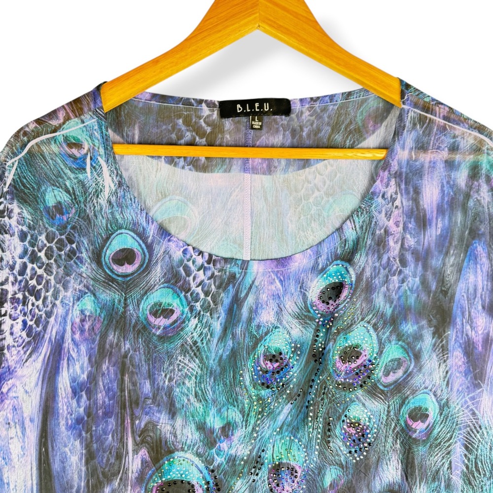 B L E U Womens Top Size Large Peacock Chiffon Rhinestone Artsy Hippie Fairy - Picture 6 of 7